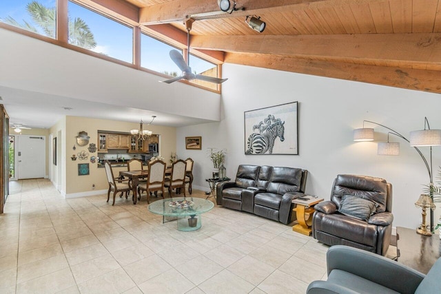 tiled living room featuring beamed ceiling, wood ceiling, ceiling fan with notable chandelier, and high vaulted ceiling