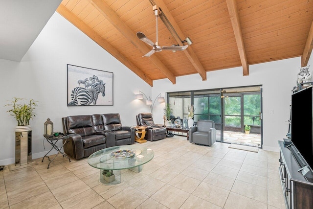 tiled living room featuring ceiling fan, beamed ceiling, wood ceiling, and high vaulted ceiling