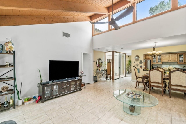 tiled living room with beam ceiling, ceiling fan with notable chandelier, high vaulted ceiling, and wooden ceiling