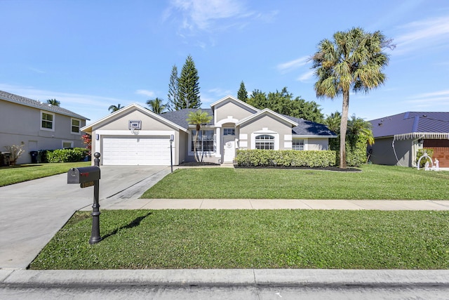 ranch-style house with a front yard and a garage