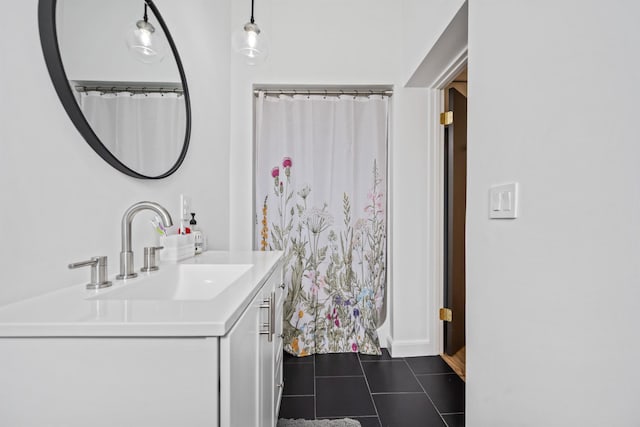 bathroom with tile patterned floors, vanity, and a shower with shower curtain