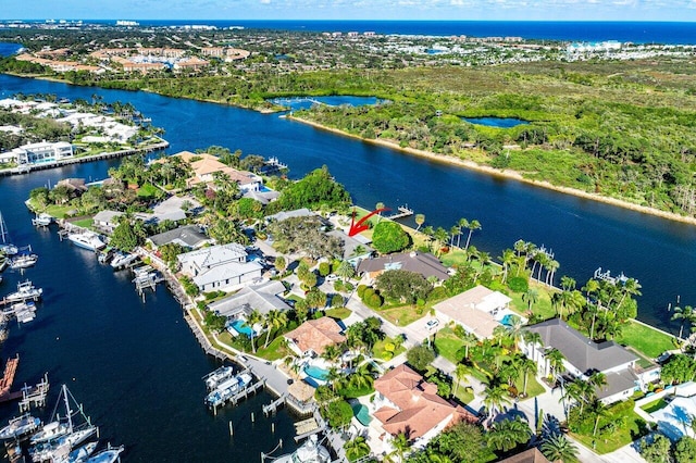 bird's eye view with a water view