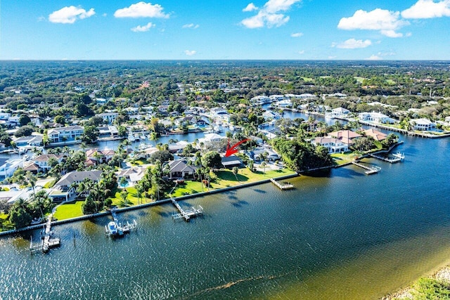 bird's eye view with a water view