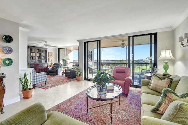 living room featuring light tile patterned floors, expansive windows, and ornamental molding