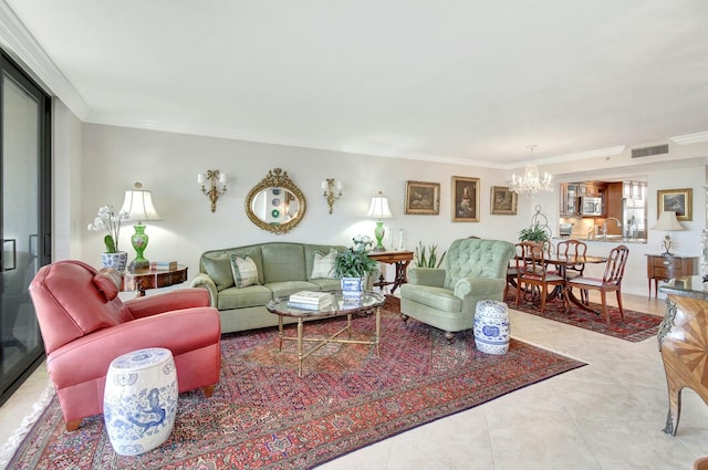 living room with a notable chandelier, light tile patterned floors, and crown molding