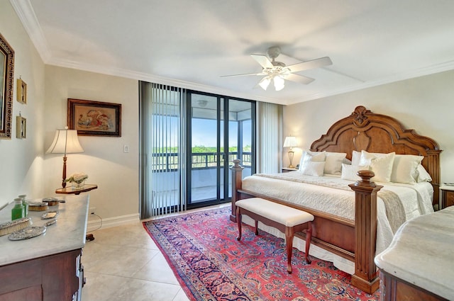 tiled bedroom featuring access to exterior, ceiling fan, and ornamental molding