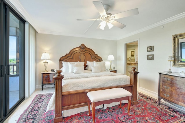 bedroom featuring ceiling fan, ornamental molding, and access to outside