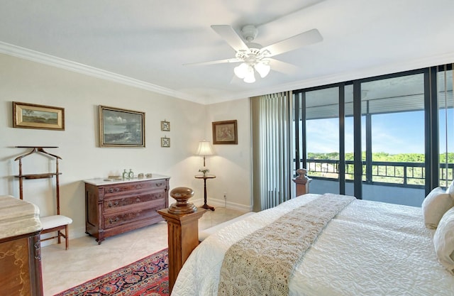 bedroom with floor to ceiling windows, ceiling fan, crown molding, access to outside, and light tile patterned floors