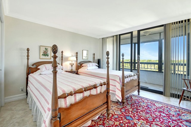 bedroom with access to exterior, light tile patterned floors, and ornamental molding