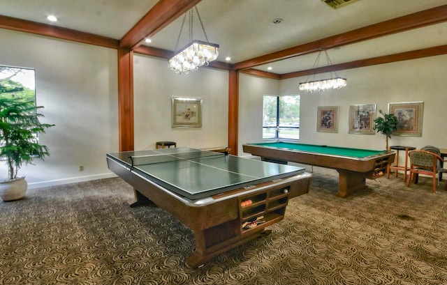 rec room featuring dark colored carpet, beam ceiling, a chandelier, and pool table