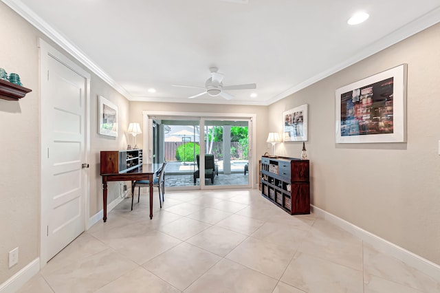 interior space with ceiling fan and ornamental molding