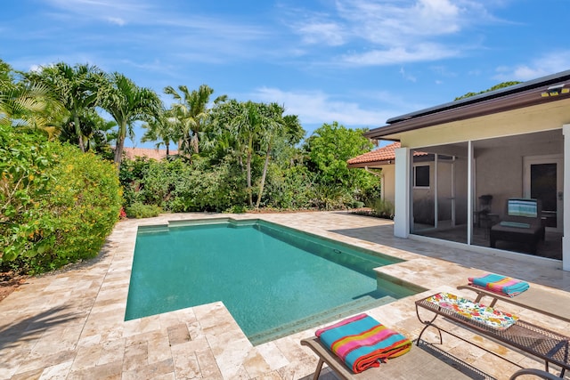 view of swimming pool with a sunroom and a patio