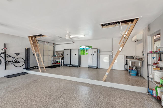 garage with ceiling fan and a wall mounted air conditioner