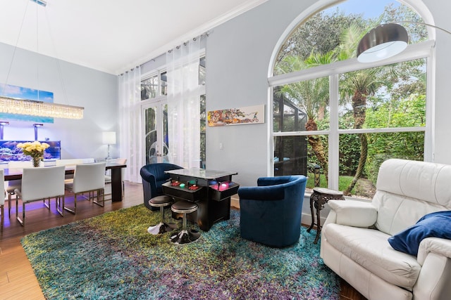 interior space with ornamental molding, wood finished floors, and french doors