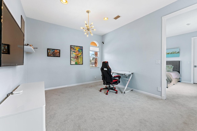 carpeted office space featuring a chandelier, recessed lighting, visible vents, and baseboards