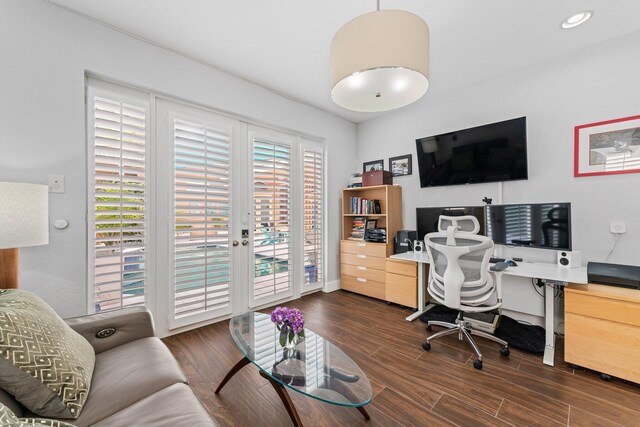 office featuring french doors and dark hardwood / wood-style floors