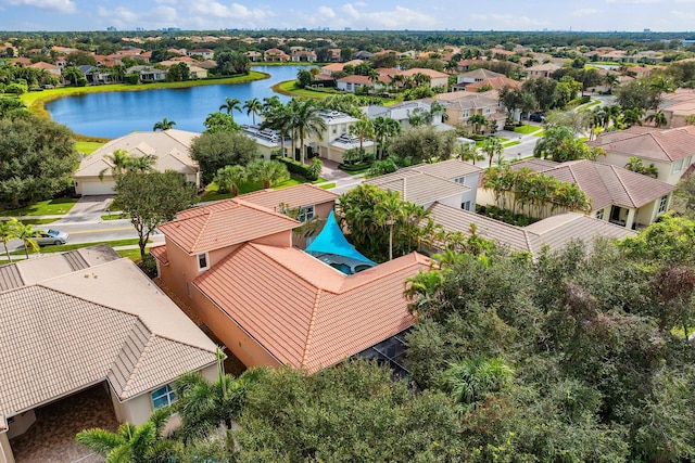 aerial view featuring a water view and a residential view