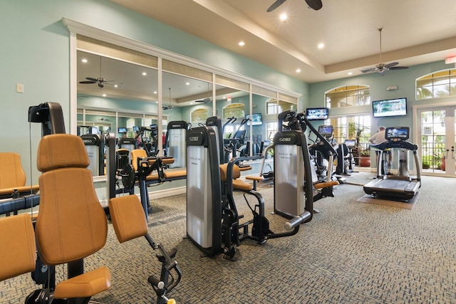 gym with ceiling fan, carpet flooring, and recessed lighting