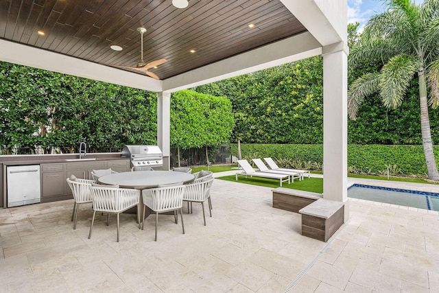 view of patio / terrace with area for grilling, ceiling fan, sink, and grilling area