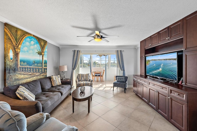 tiled living room with a textured ceiling, ceiling fan, and crown molding