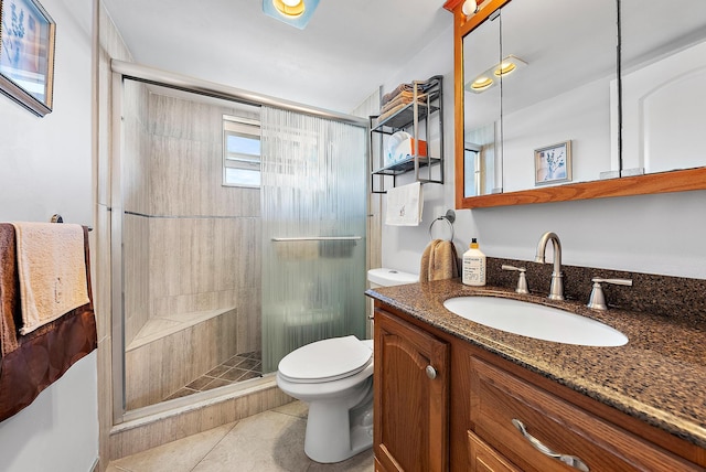 bathroom featuring tile patterned flooring, an enclosed shower, vanity, and toilet