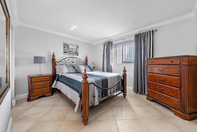 tiled bedroom with crown molding and a textured ceiling