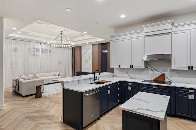 kitchen featuring a center island, white cabinets, sink, stainless steel dishwasher, and extractor fan