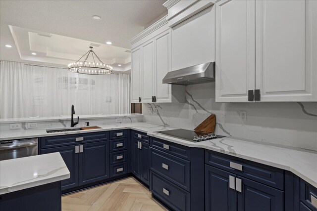 kitchen with white cabinets, wall chimney exhaust hood, stainless steel dishwasher, and sink