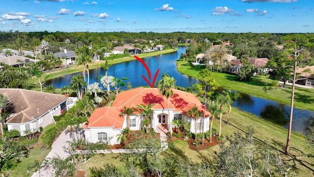 drone / aerial view with a water view