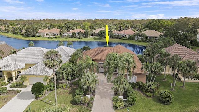 drone / aerial view featuring a water view