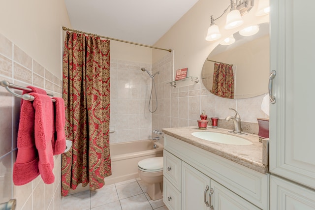 full bathroom with tile patterned flooring, toilet, shower / bathtub combination with curtain, and tile walls