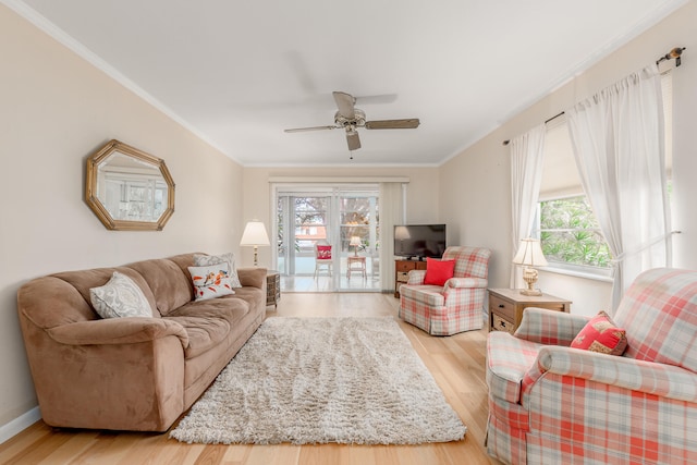 living room featuring ceiling fan, light wood-type flooring, and ornamental molding