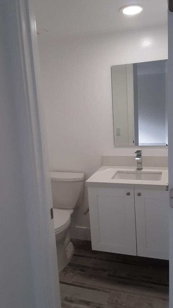 bathroom with wood-type flooring, vanity, and toilet