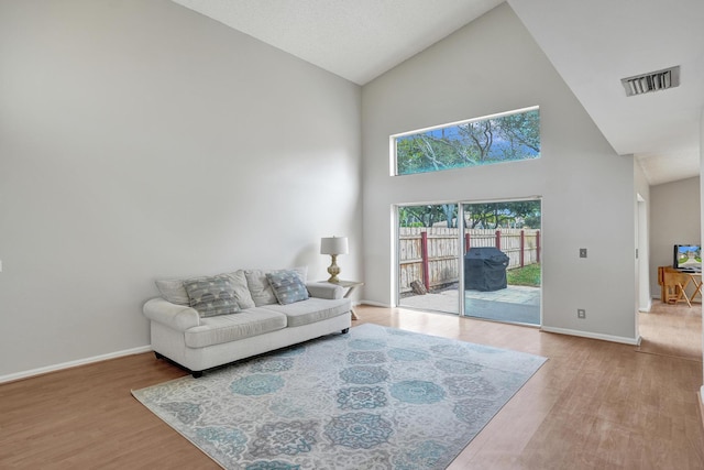 living room featuring high vaulted ceiling and light hardwood / wood-style floors