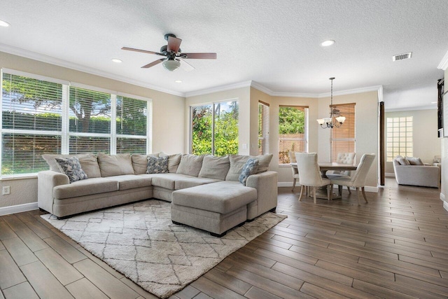 living room with hardwood / wood-style floors, ceiling fan with notable chandelier, crown molding, and a textured ceiling