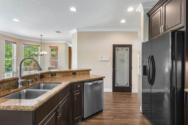 kitchen featuring dishwasher, sink, dark wood-type flooring, black refrigerator with ice dispenser, and crown molding