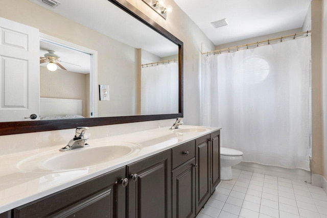 bathroom featuring tile patterned floors, walk in shower, vanity, ceiling fan, and toilet