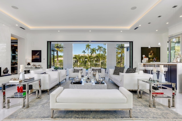 living room featuring a tray ceiling and a wealth of natural light