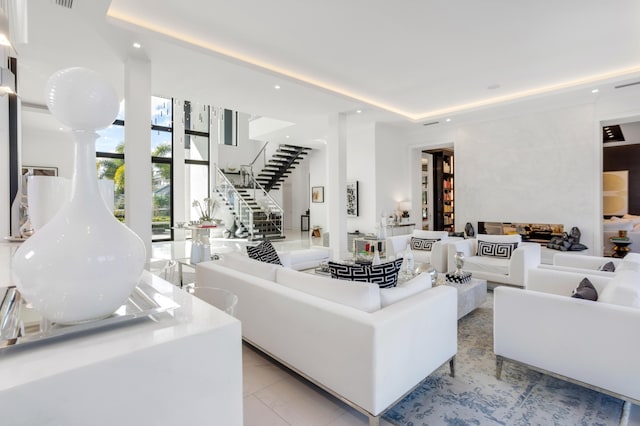 living room with light tile patterned floors