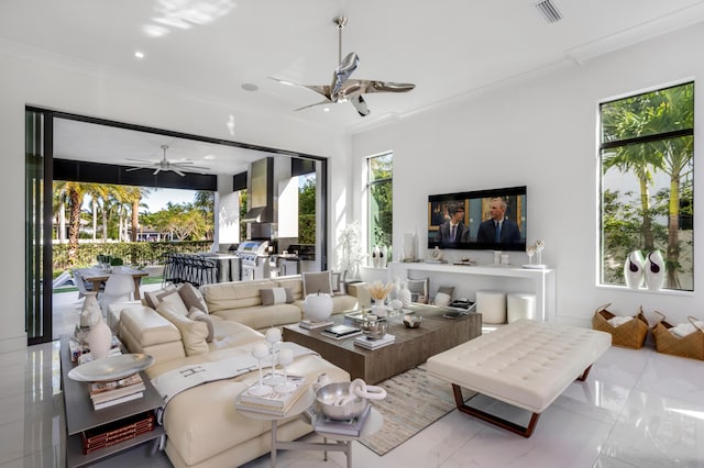 living room with crown molding