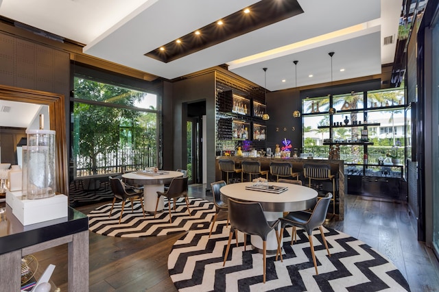 dining space with indoor bar and dark hardwood / wood-style floors