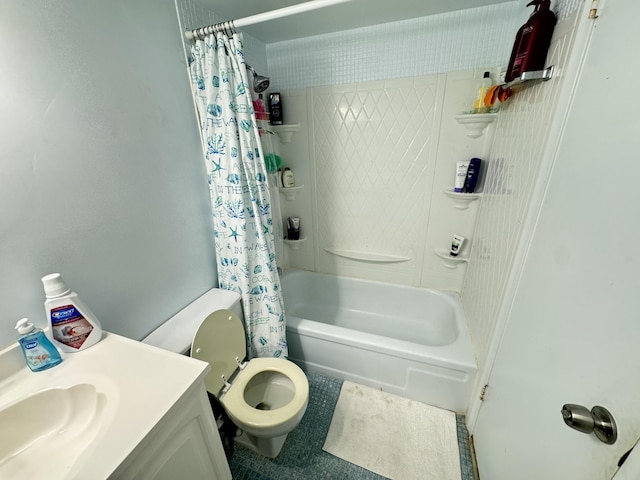 full bathroom featuring tile patterned flooring, vanity, shower / tub combo, and toilet