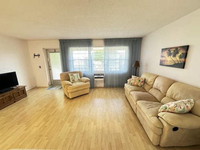 living room featuring light hardwood / wood-style flooring and a textured ceiling