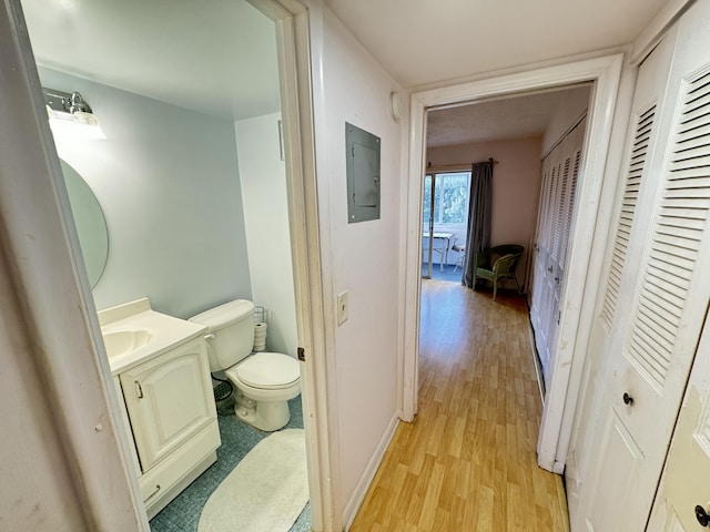 bathroom with wood-type flooring, vanity, electric panel, and toilet