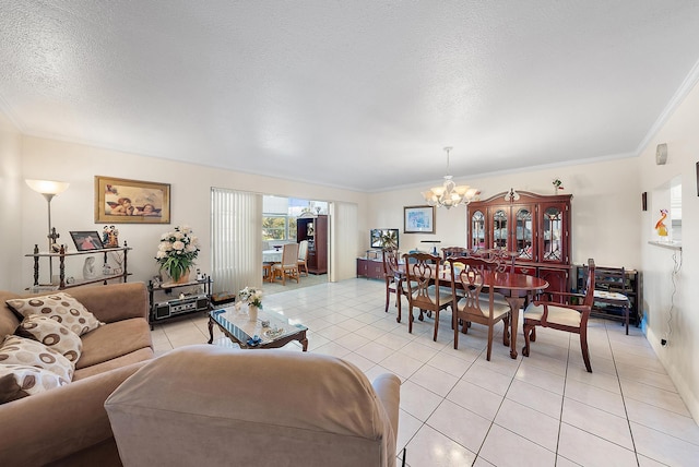 tiled living room with a textured ceiling, an inviting chandelier, and crown molding