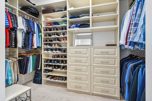 walk in closet featuring light carpet