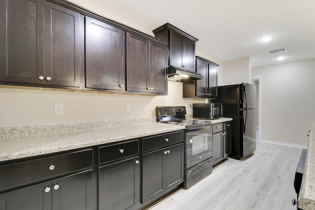 kitchen with light wood-type flooring, dark brown cabinetry, and black appliances