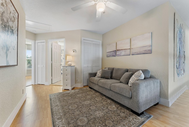 living room featuring ceiling fan and wood-type flooring