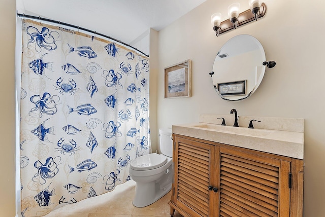 bathroom featuring walk in shower, tile patterned flooring, vanity, and toilet