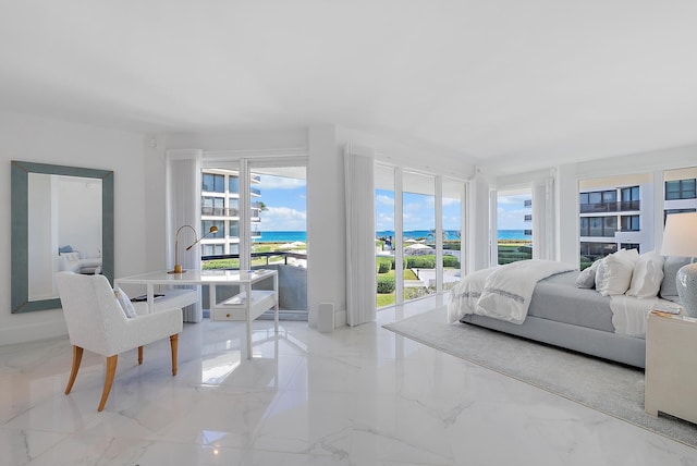 bedroom featuring a water view